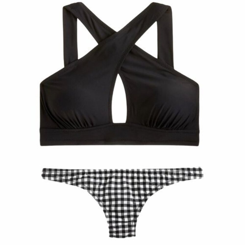 J. Crew Crossed Halter Lowrider Bikini Gingham Black Size Large NWT